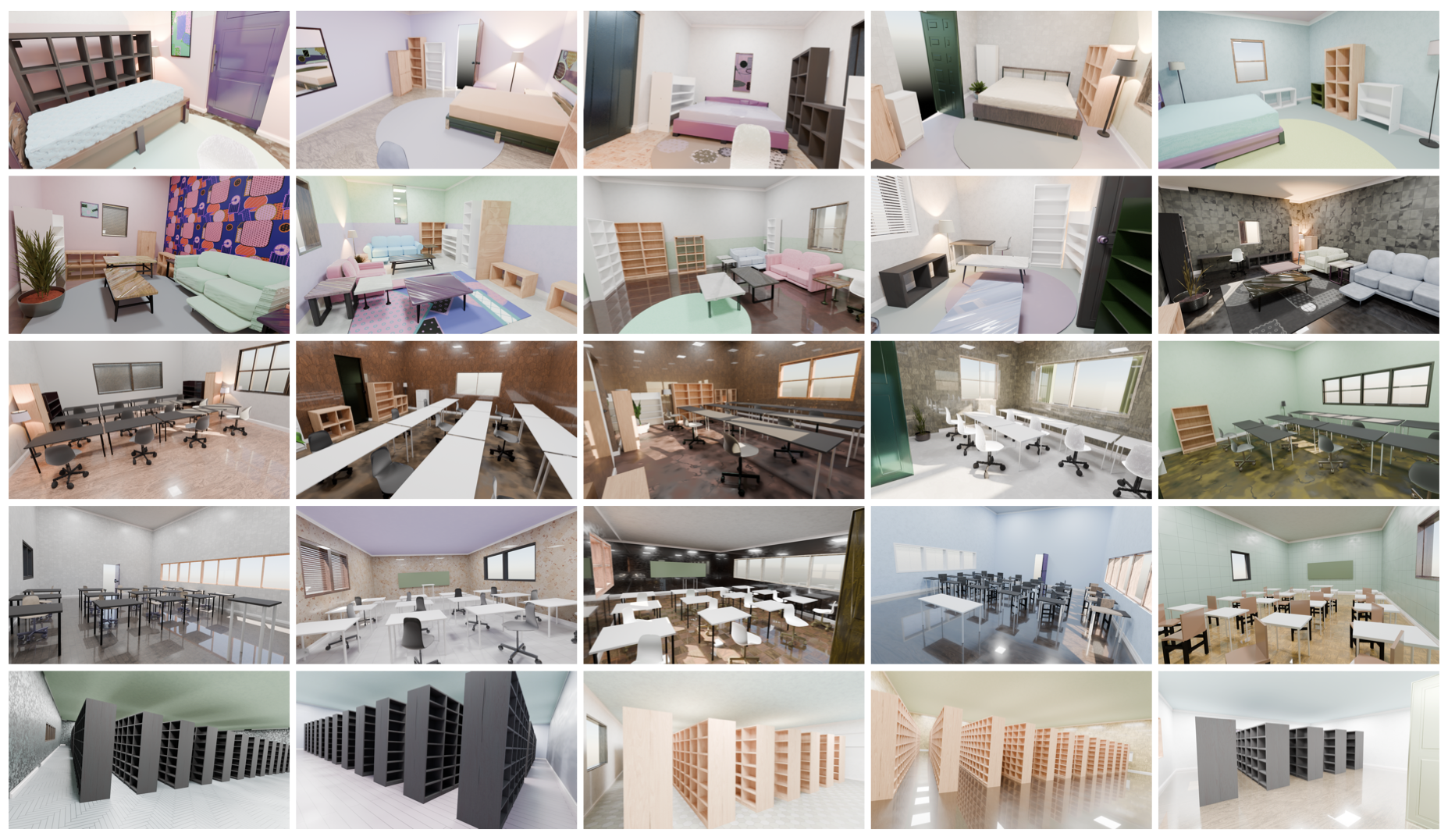 Sample IDEAL-Scenes across room types with ground-truth annotations