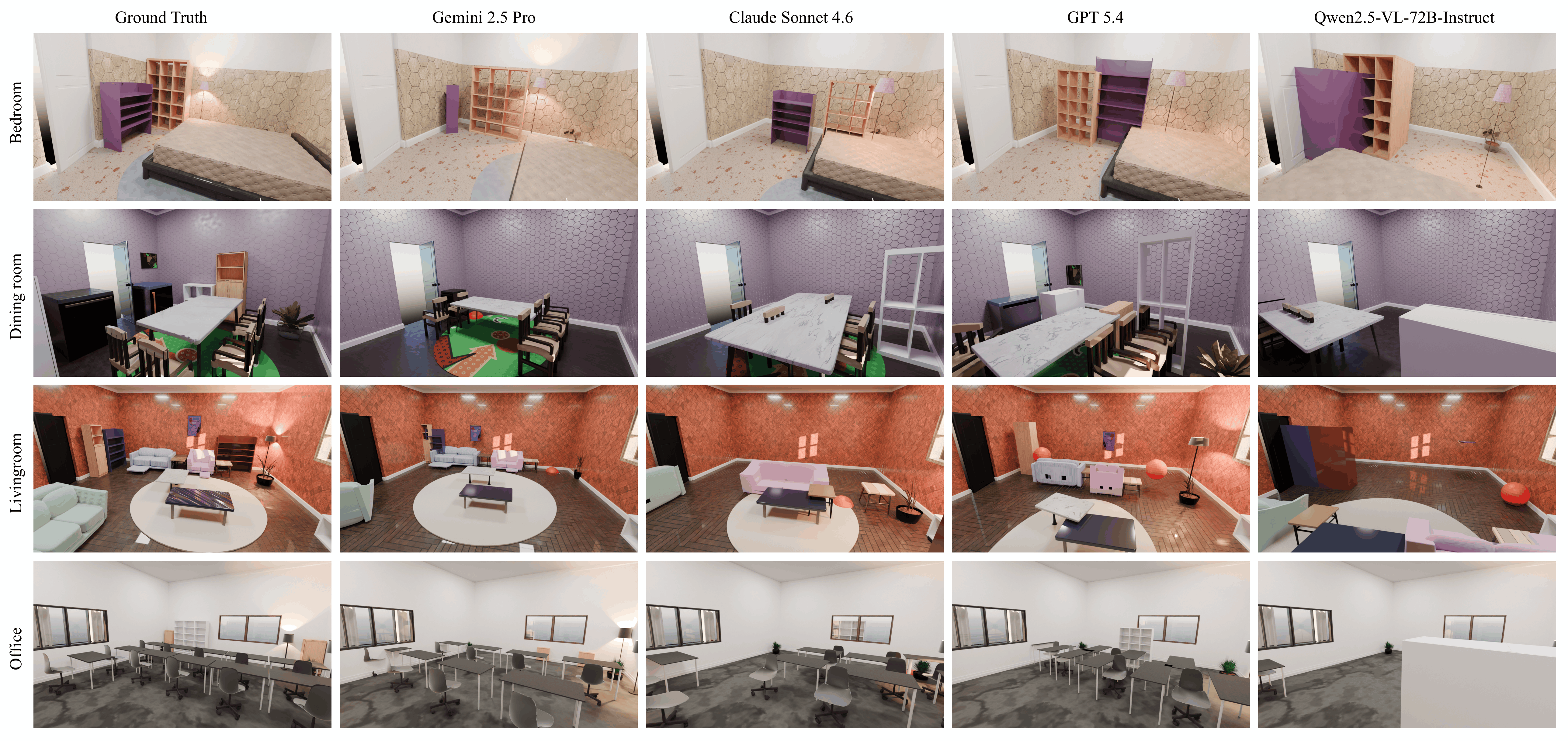 Reference image vs. reconstructed render, with hallucinated objects flagged as red spheres